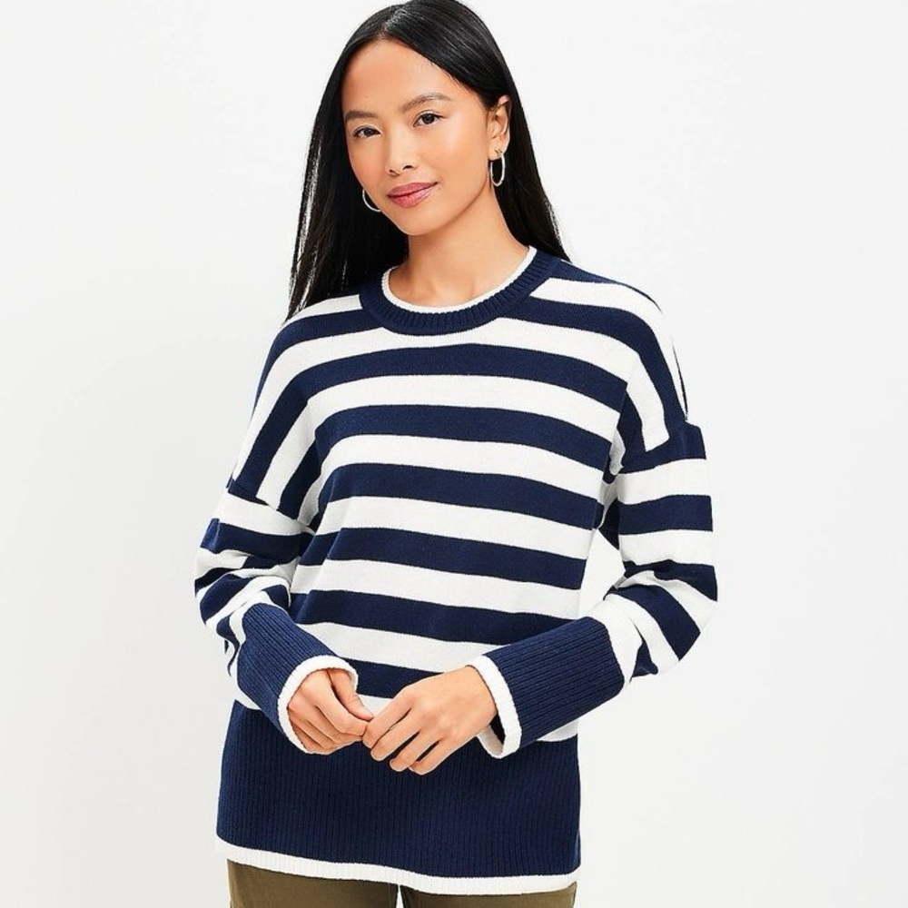NWT  LOFT  Navy Blue & White Striped Crew Neck Tunic Pullover Sweater - XS